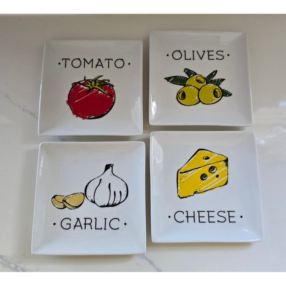 Pfaltzgraff 4pc Square Appetizer Plate Set Tomato Olives Garlic Cheese Ceramic